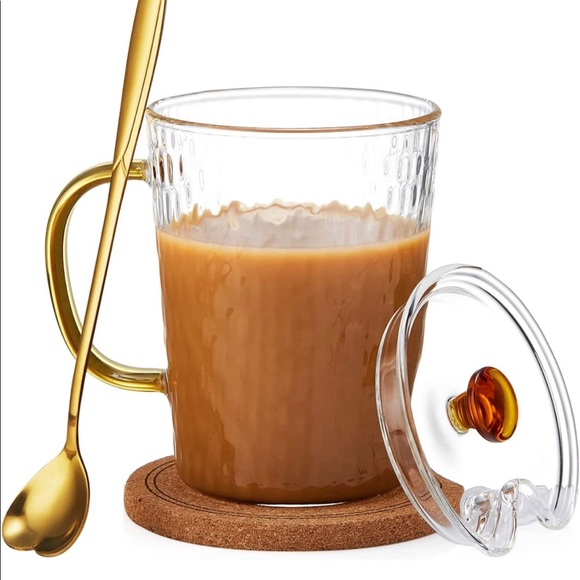 Coffee Mug,400ml/13oz Glass Mug Borosilicate Glass Coffee Mug with Lid and Spoon - Picture 2 of 6